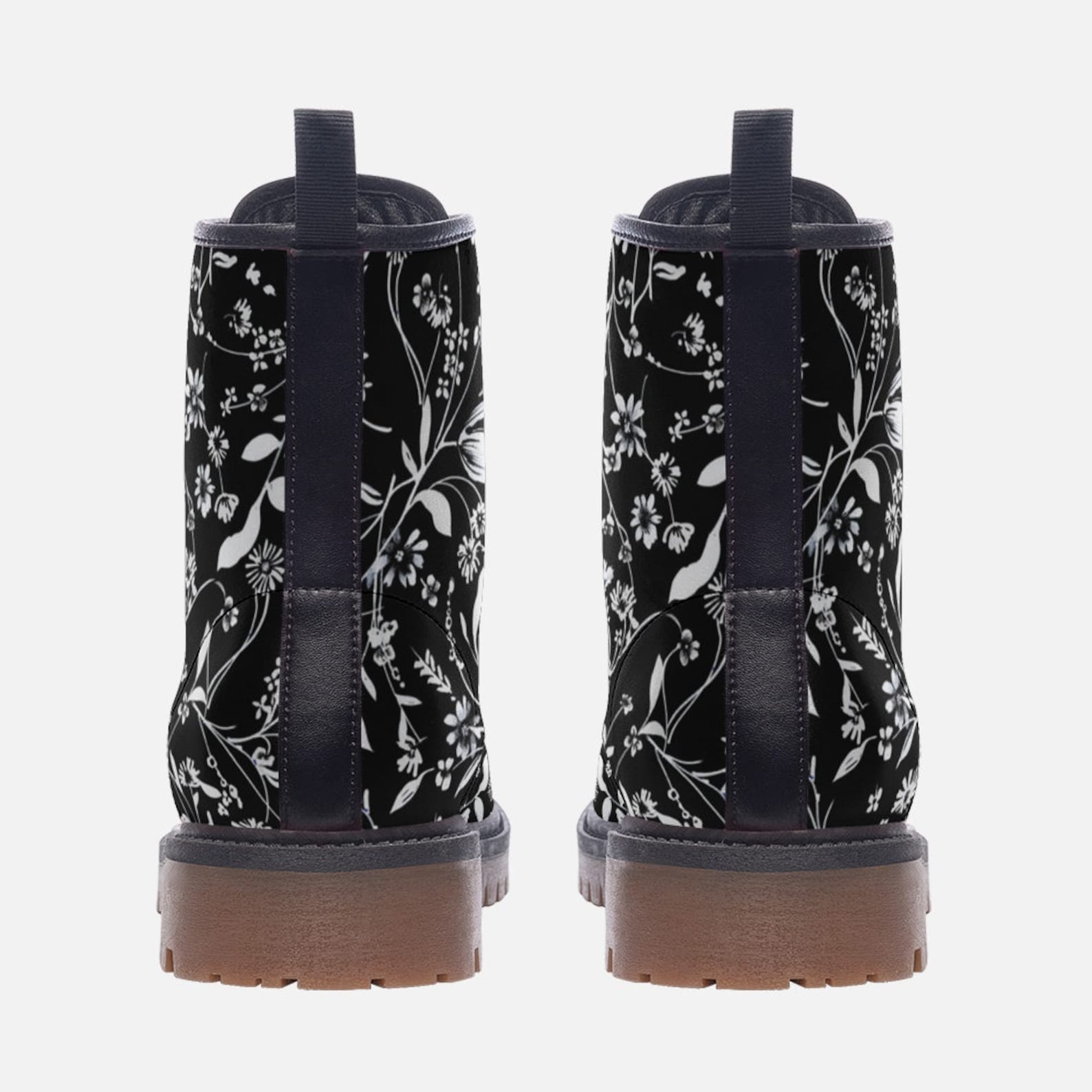 Hippie Art Zone - Black & White Floral Vegan Combat Boots.