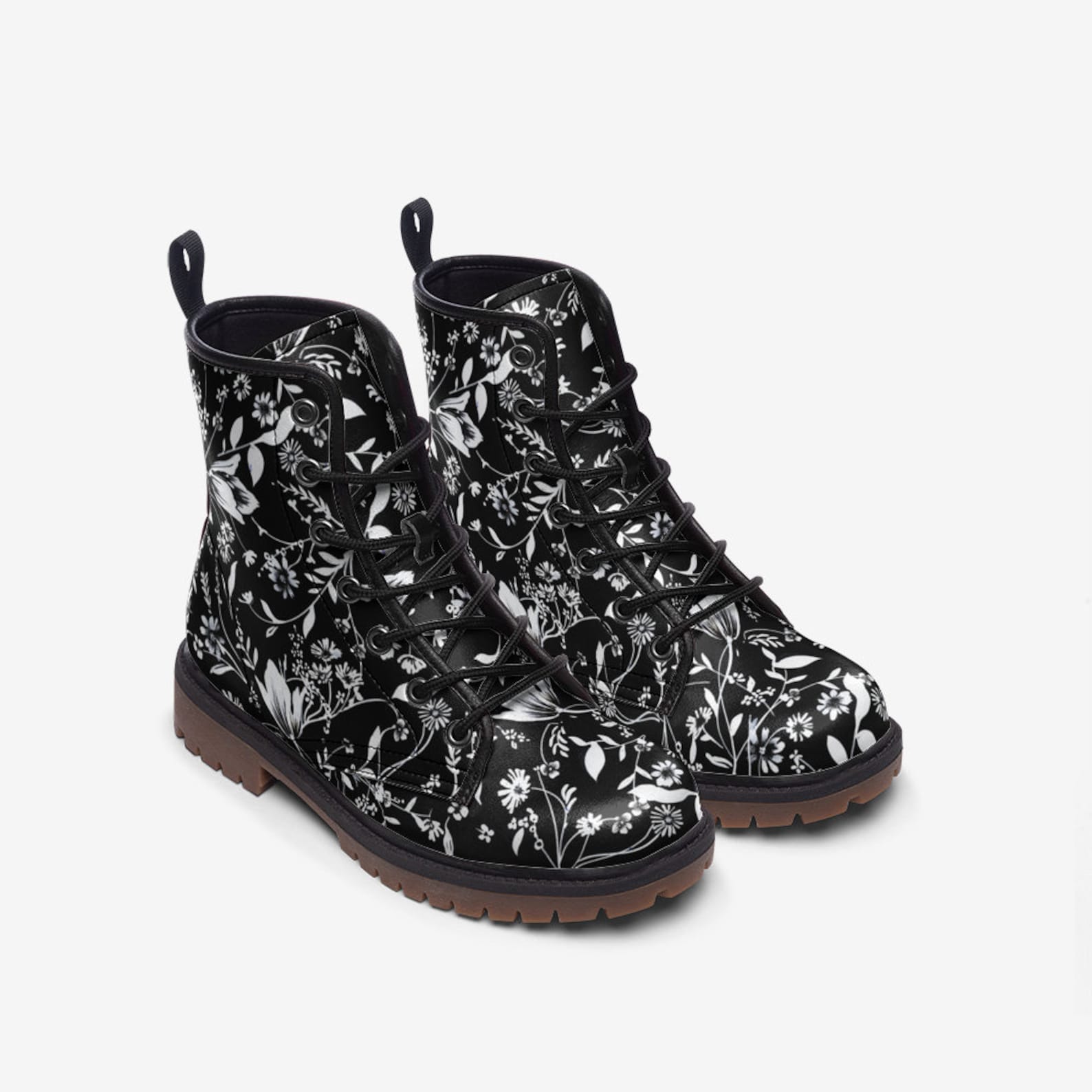 Hippie Art Zone - Black & White Floral Vegan Combat Boots.