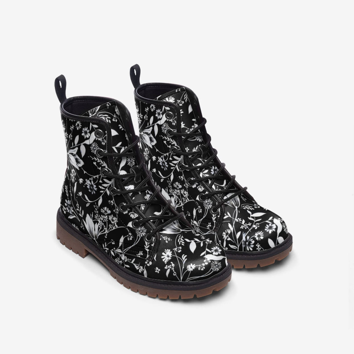 Hippie Art Zone - Black &amp; White Floral Vegan Combat Boots.