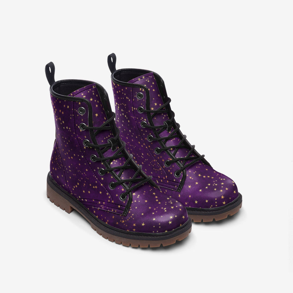 Hippie Art Zone - Purple &amp; Gold Stars Vegan Combat Boots.