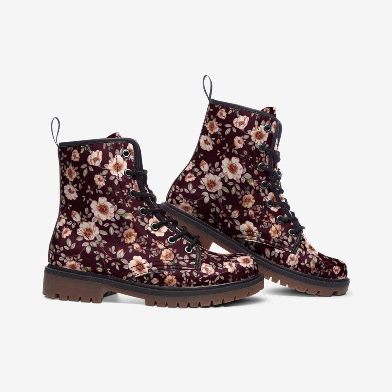 Hippie Art Zone - Deep Red & White Floral Vegan Boots.