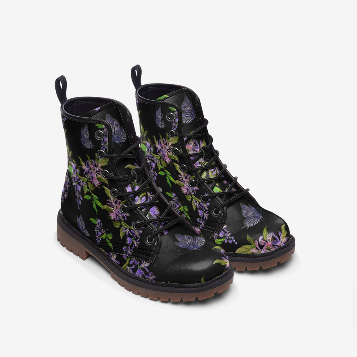 Hippie Art Zone - Dark Floral Vegan Leather Combat Boots.