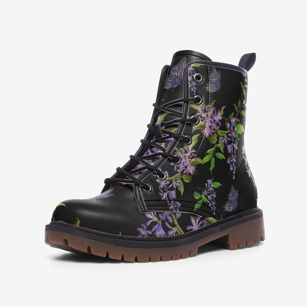 Hippie Art Zone - Dark Floral Vegan Leather Combat Boots.