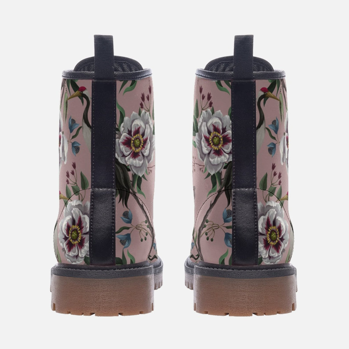 Hippie Art Zone - Pink &amp; White Floral Vegan Combat Boots.