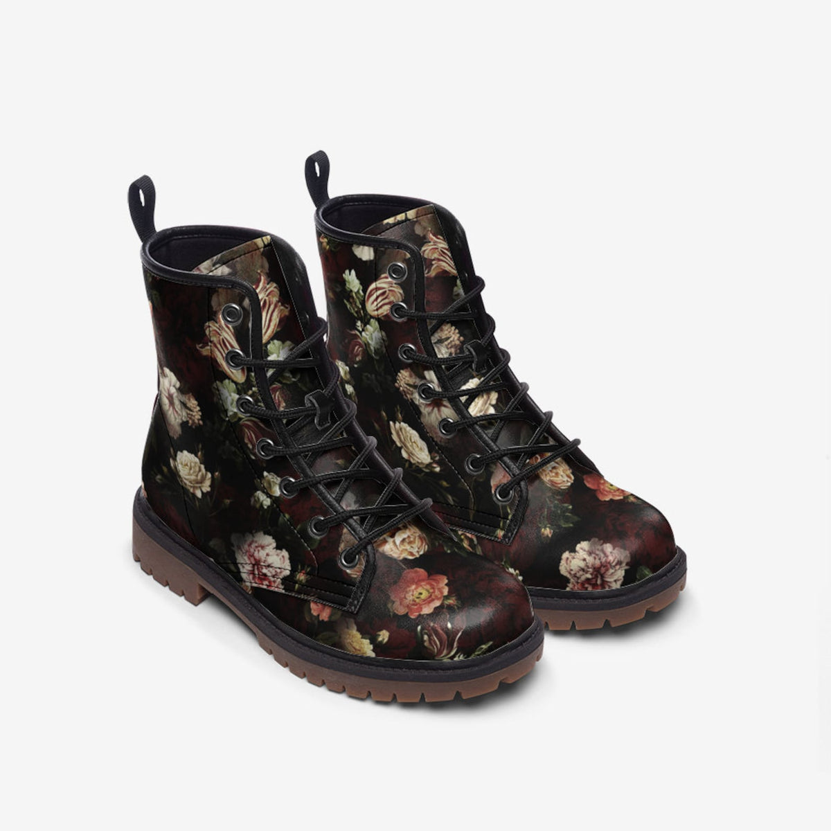 Hippie Art Zone - Dark Floral Vegan Leather Combat Boots