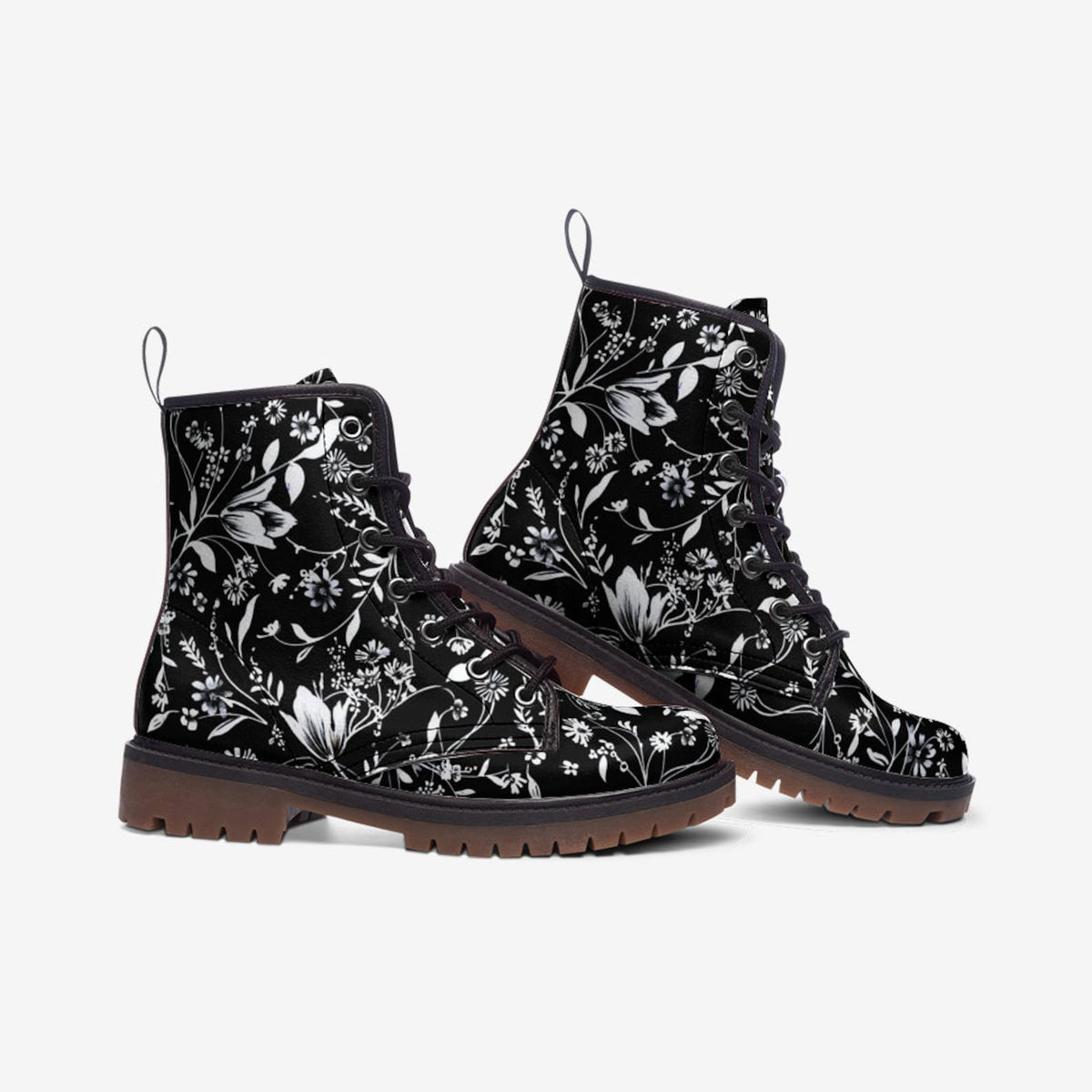 Hippie Art Zone - Black &amp; White Floral Vegan Combat Boots.