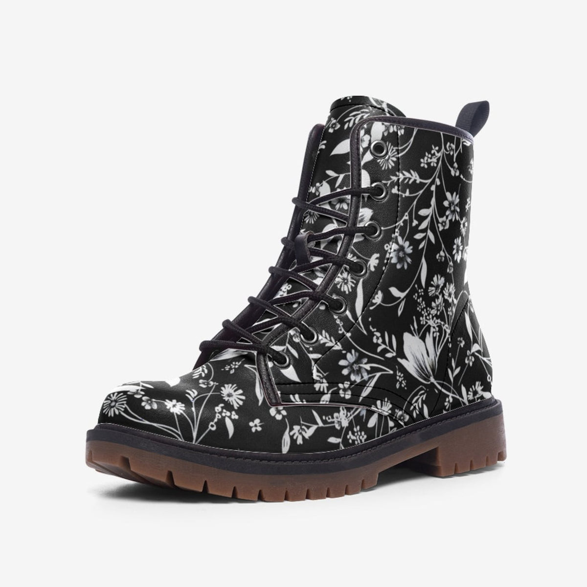 Hippie Art Zone - Black &amp; White Floral Vegan Combat Boots.