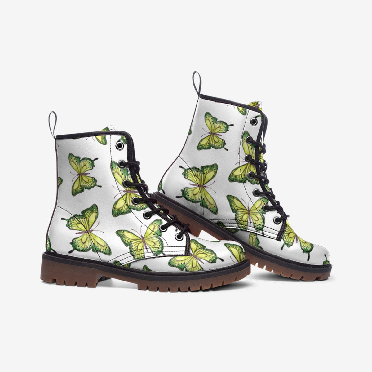 Hippie Art Zone - Boho Butterflies on White Vegan Combat Boots.