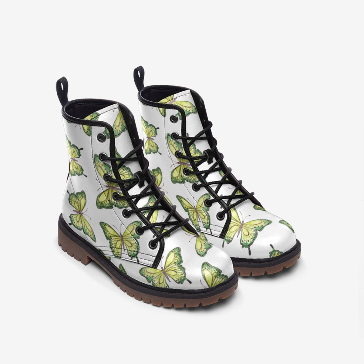 Hippie Art Zone - Boho Butterflies on White Vegan Combat Boots.