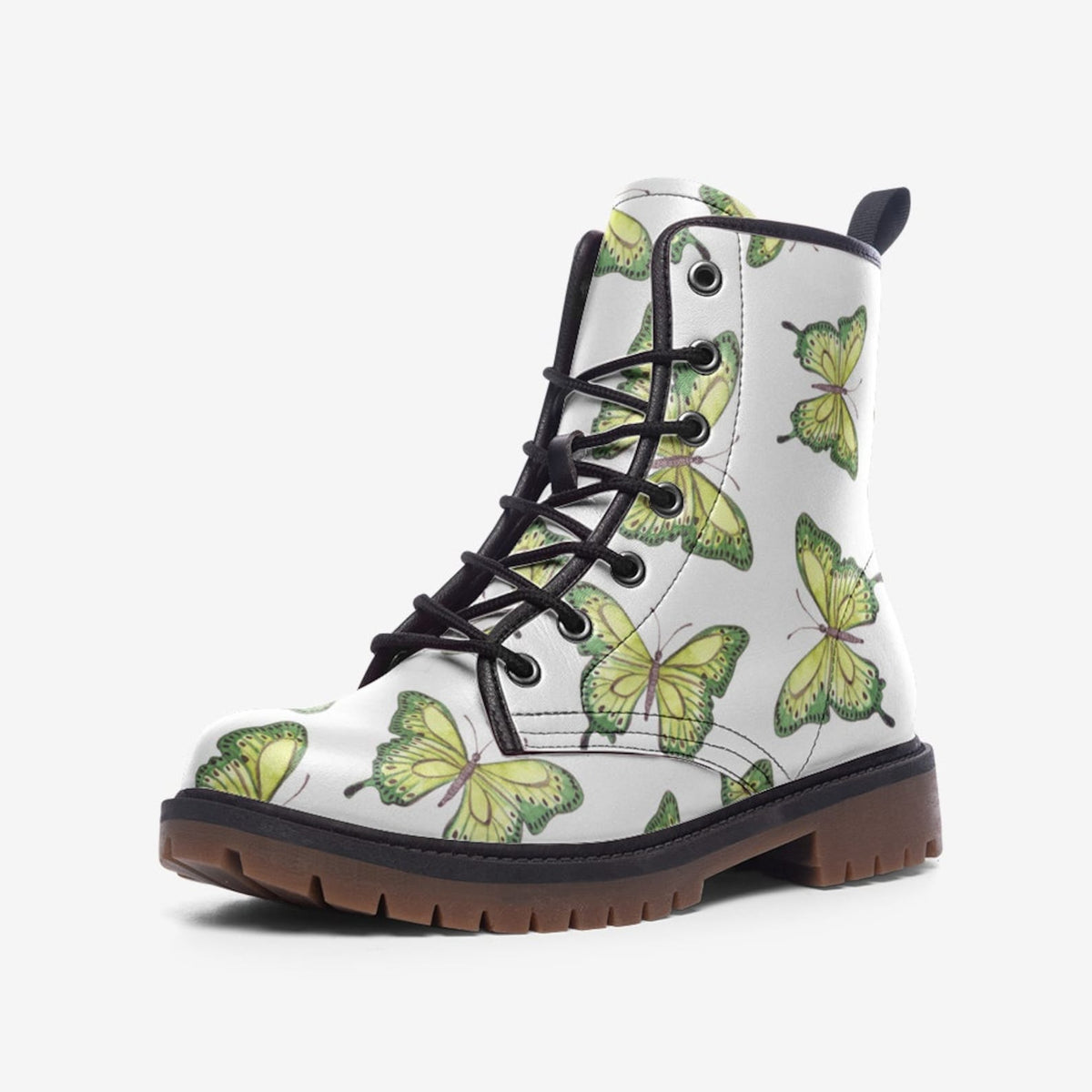 Hippie Art Zone - Boho Butterflies on White Vegan Combat Boots.