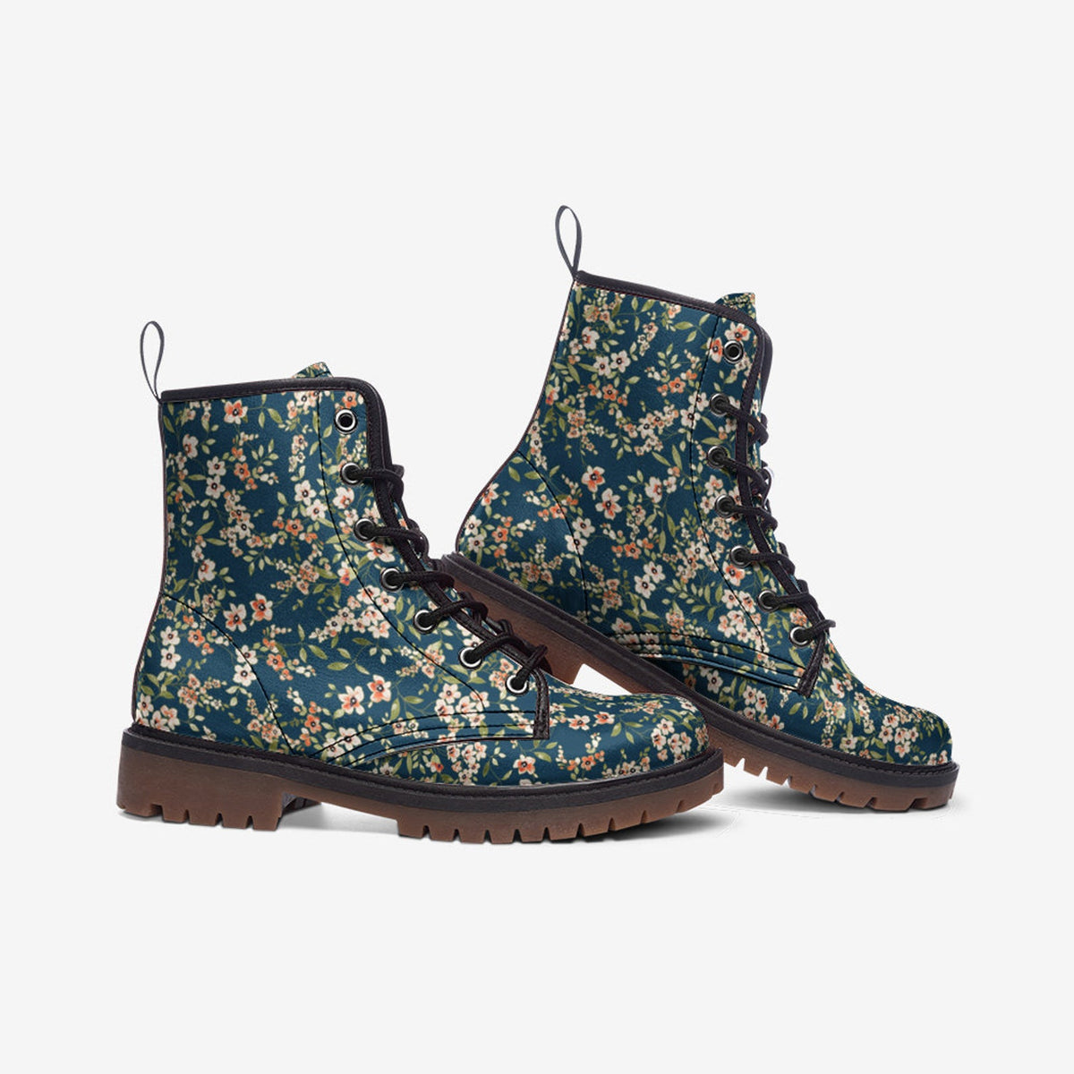 Hippie Art Zone - Blue &amp; White Floral Vegan Combat Boots.