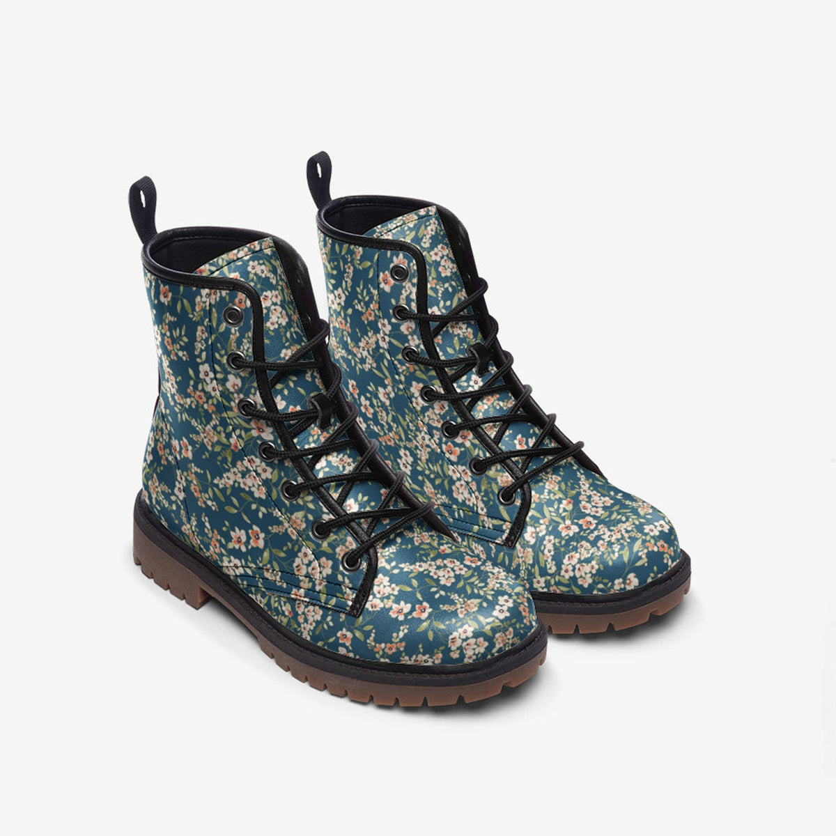 Hippie Art Zone - Blue &amp; White Floral Vegan Combat Boots.