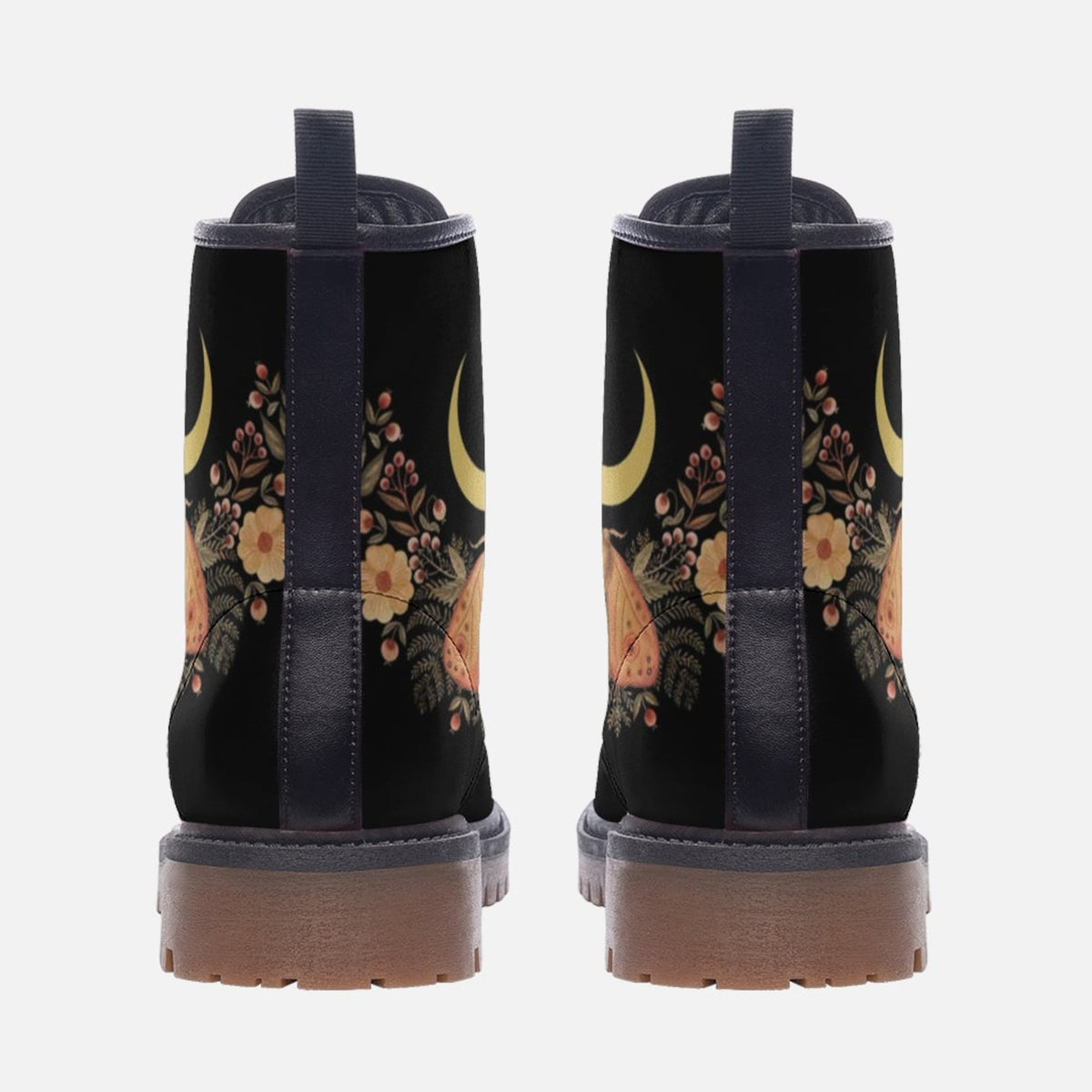 Hippie Art Zone - Celestial Floral Moon &amp; Moth Vegan Leather Combat Boots.