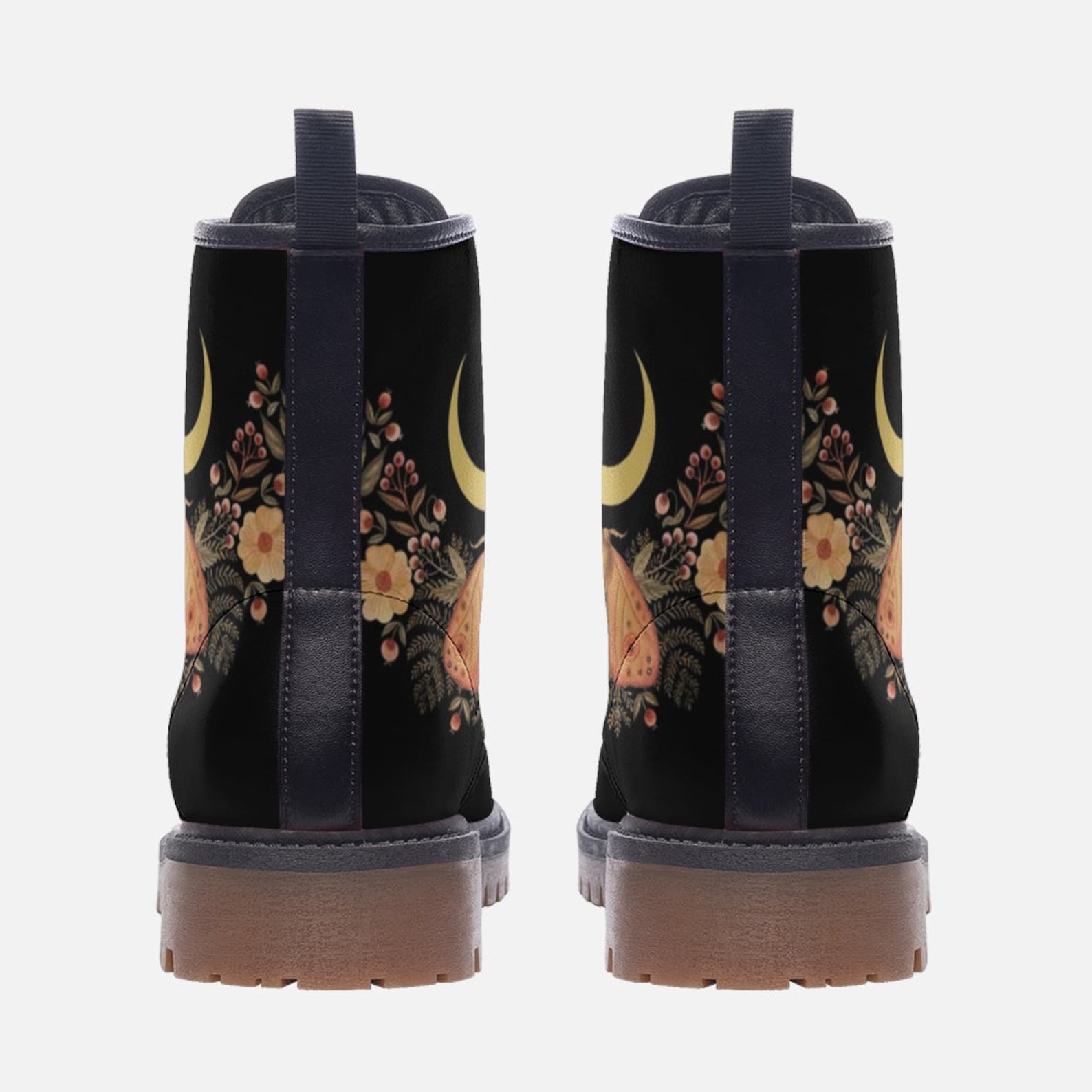 Hippie Art Zone - Celestial Floral Moon & Moth Vegan Leather Combat Boots.