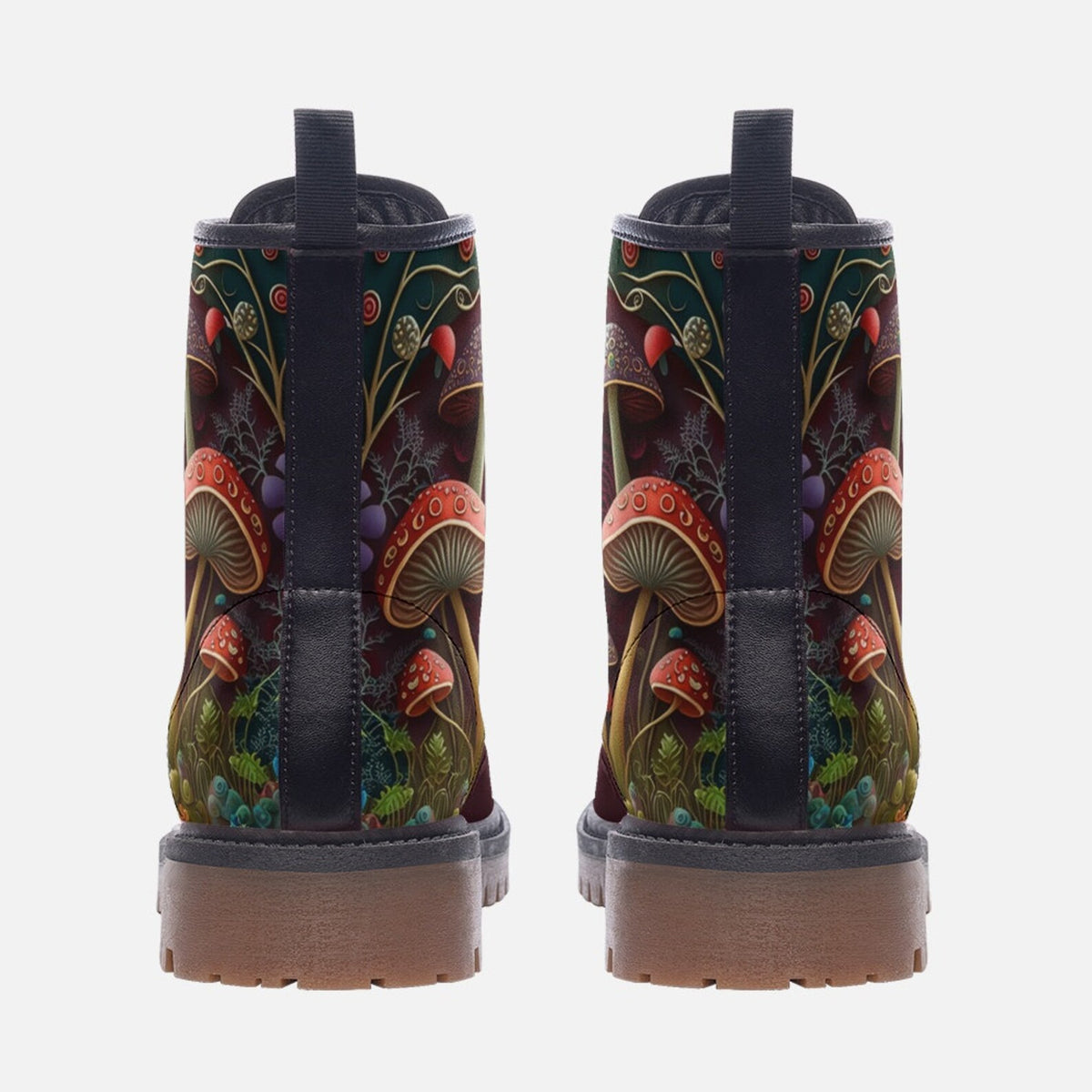 Hippie Art Zone - Fairy Mushrooms Vegan Leather Combat Boots.