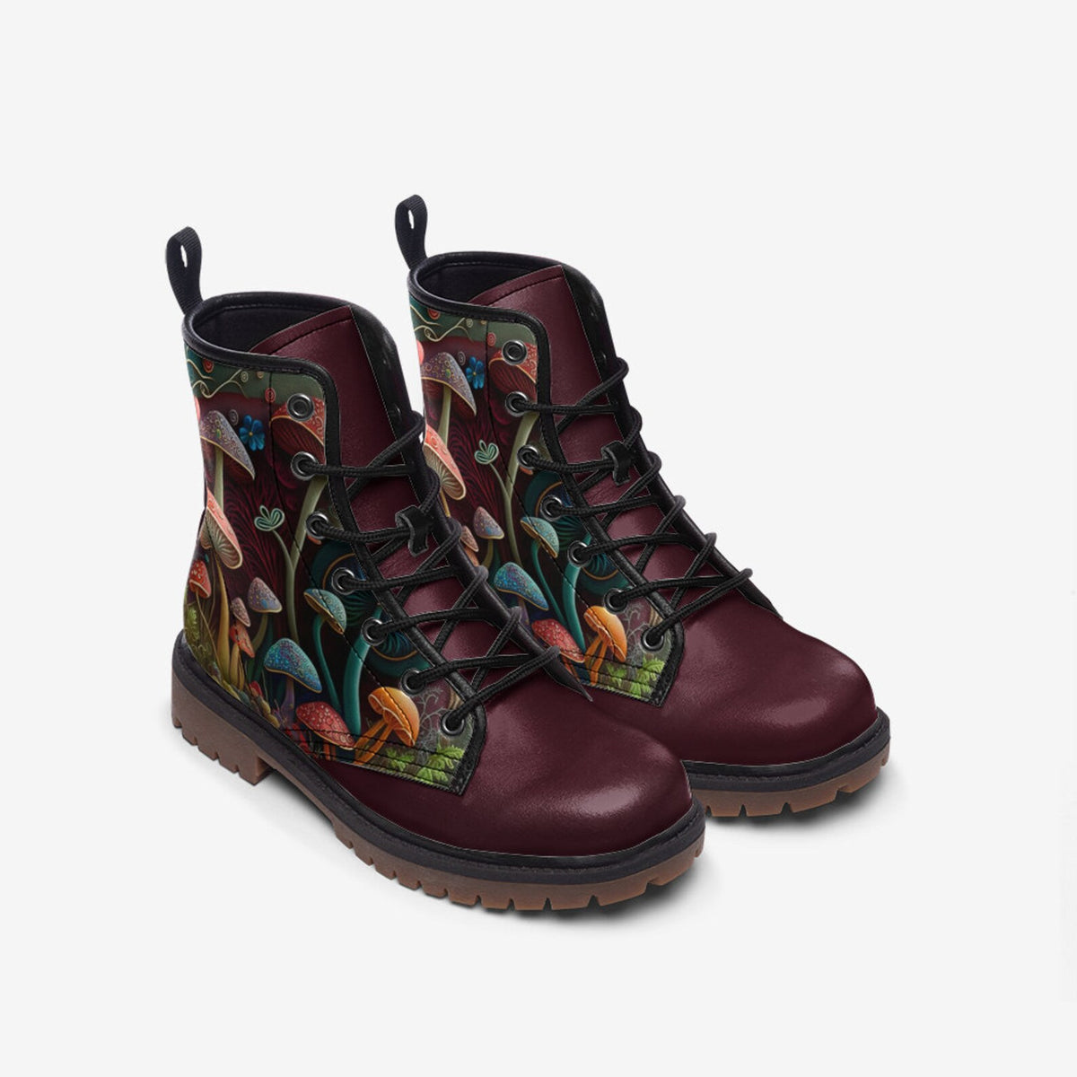 Hippie Art Zone - Fairy Mushrooms Vegan Leather Combat Boots.