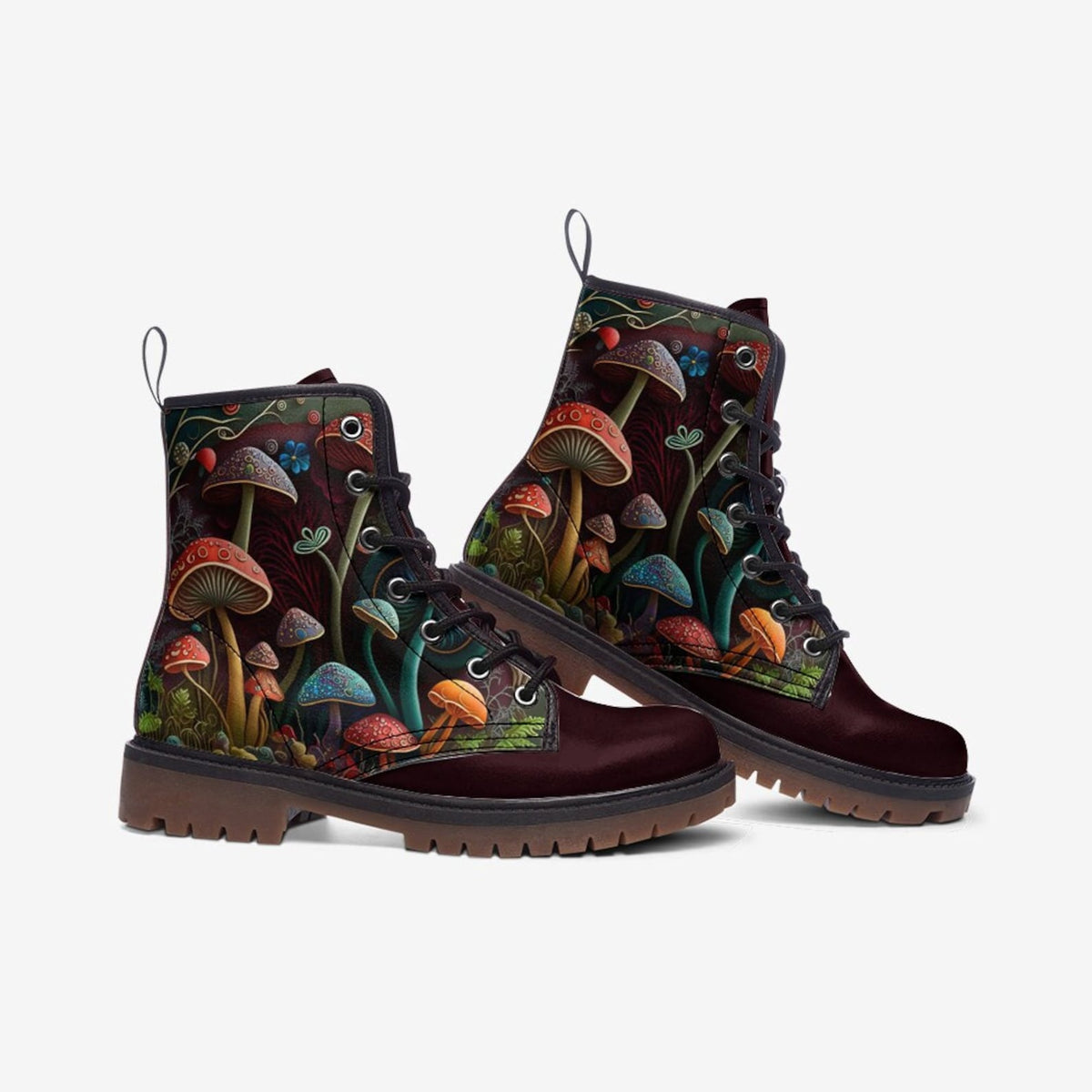 Hippie Art Zone - Fairy Mushrooms Vegan Leather Combat Boots.