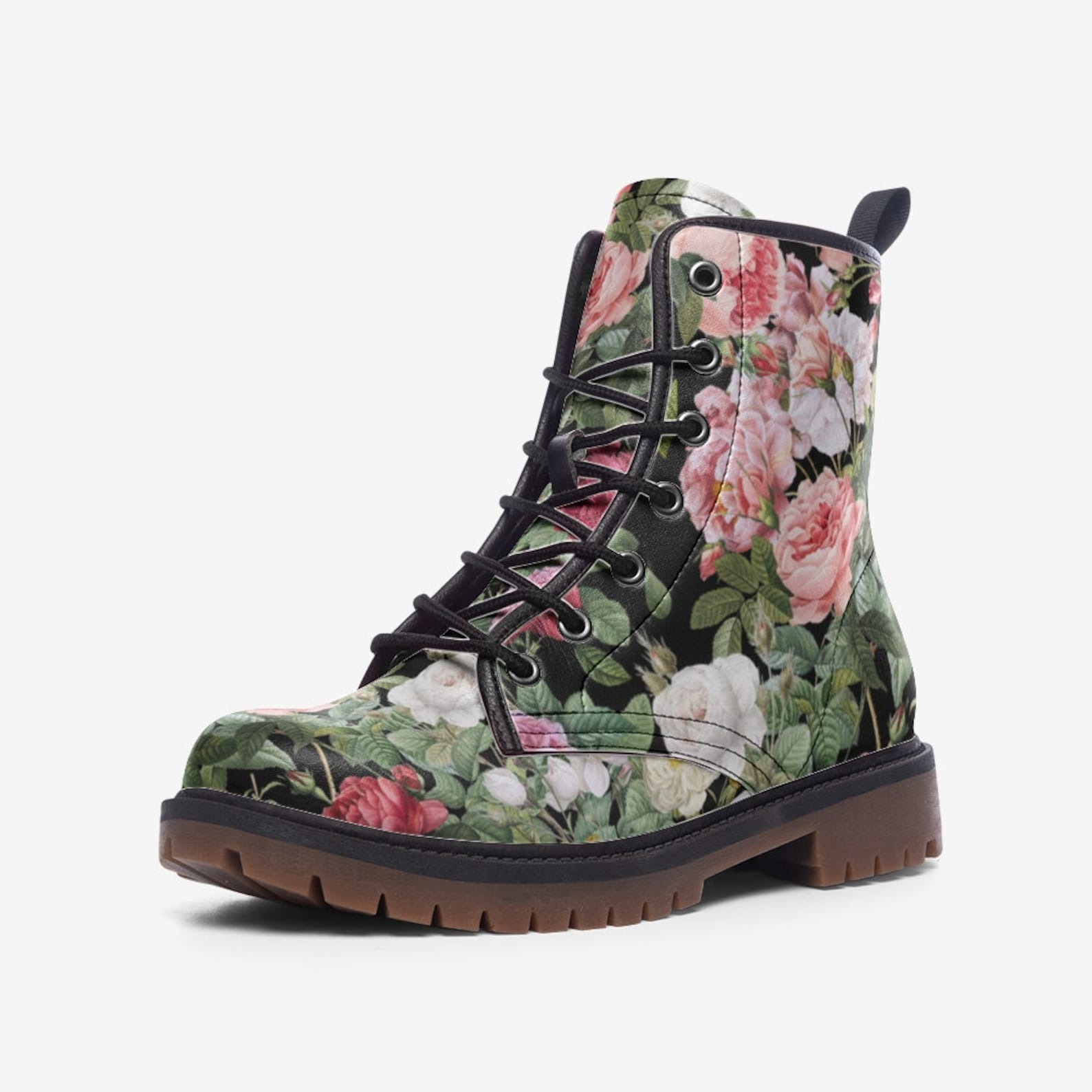 Hippie Art Zone - Vintage Roses Chintz Floral Vegan Combat Boots.