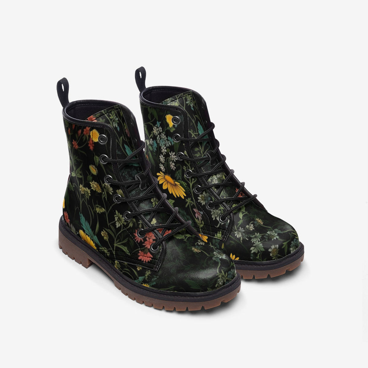 Hippie Art Zone - Dark Floral Daisy Chunky Boots.