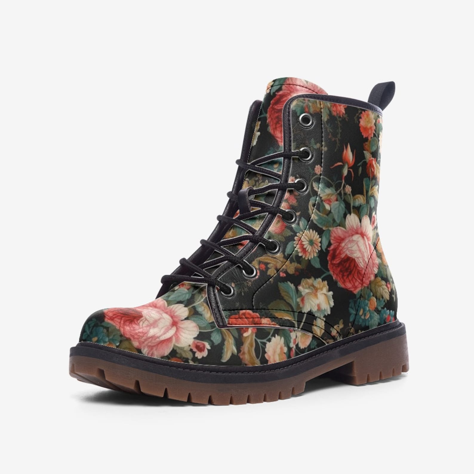 Hippie Art Zone - Vintage Roses Chintz Floral Vegan Combat Boots.