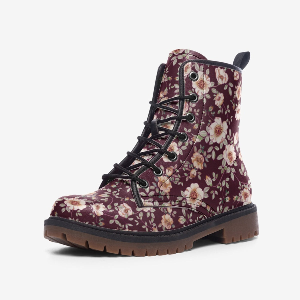 Hippie Art Zone - Deep Red &amp; White Floral Vegan Boots.