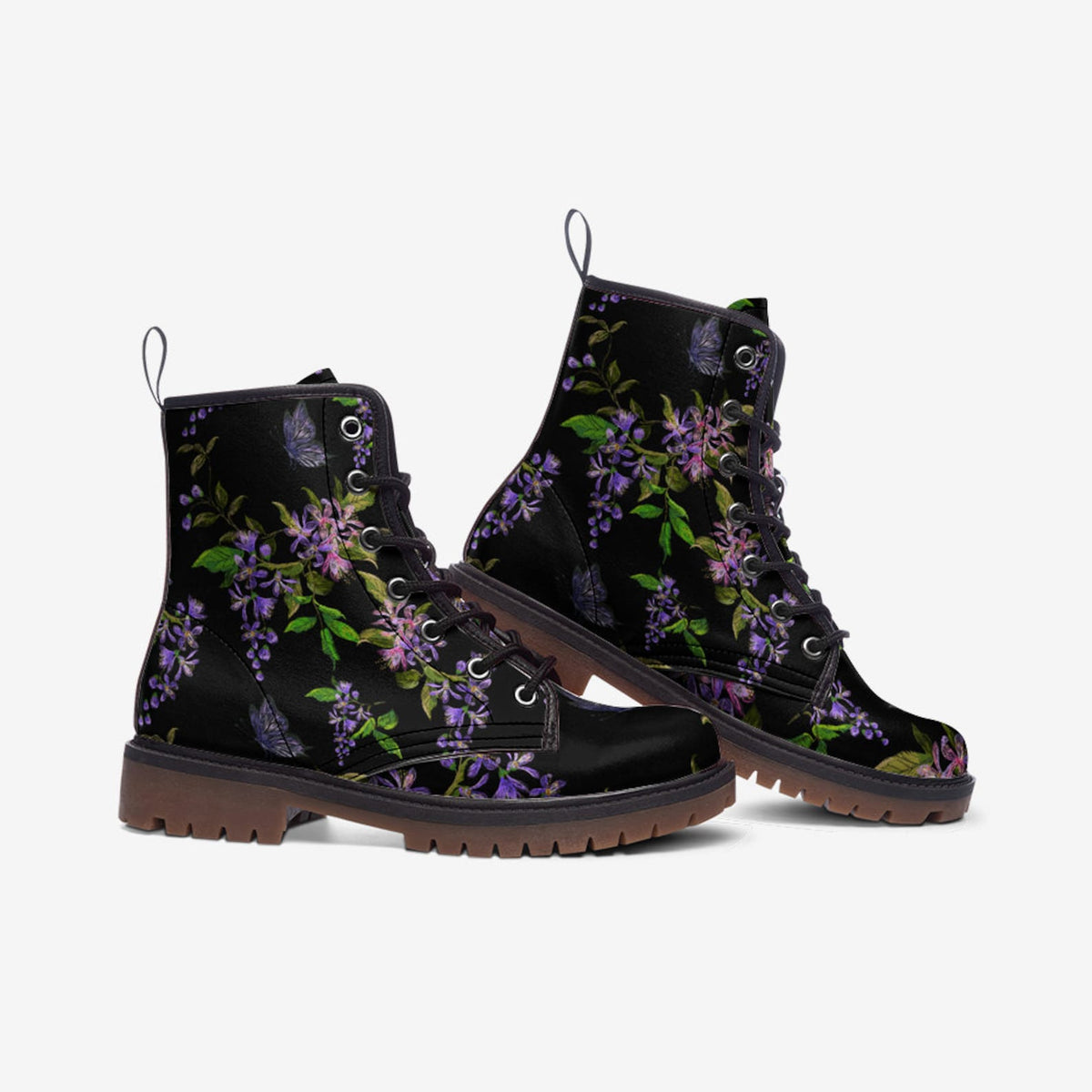 Hippie Art Zone - Dark Floral Vegan Leather Combat Boots.