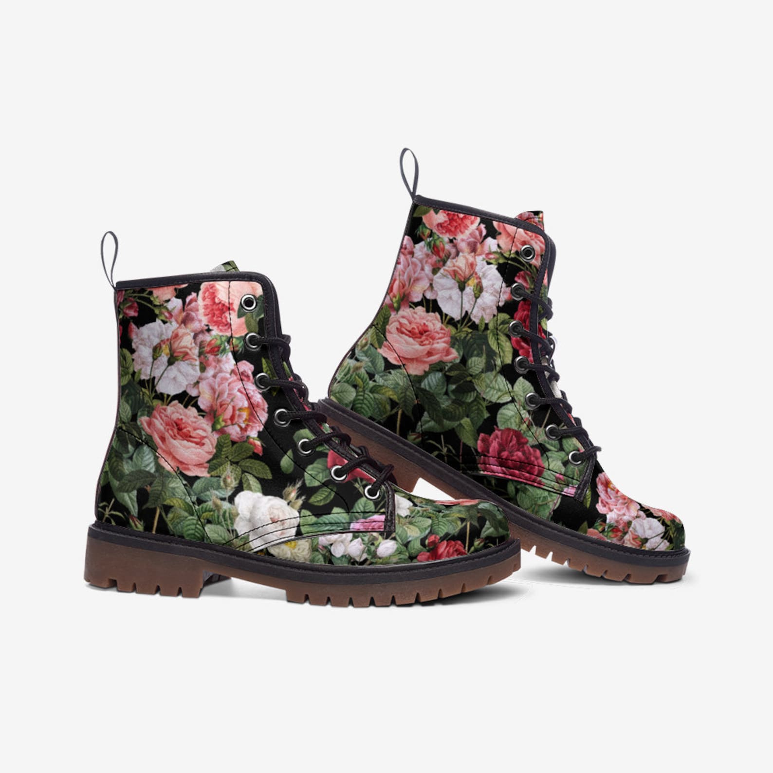 Hippie Art Zone - Vintage Roses Chintz Floral Vegan Combat Boots.