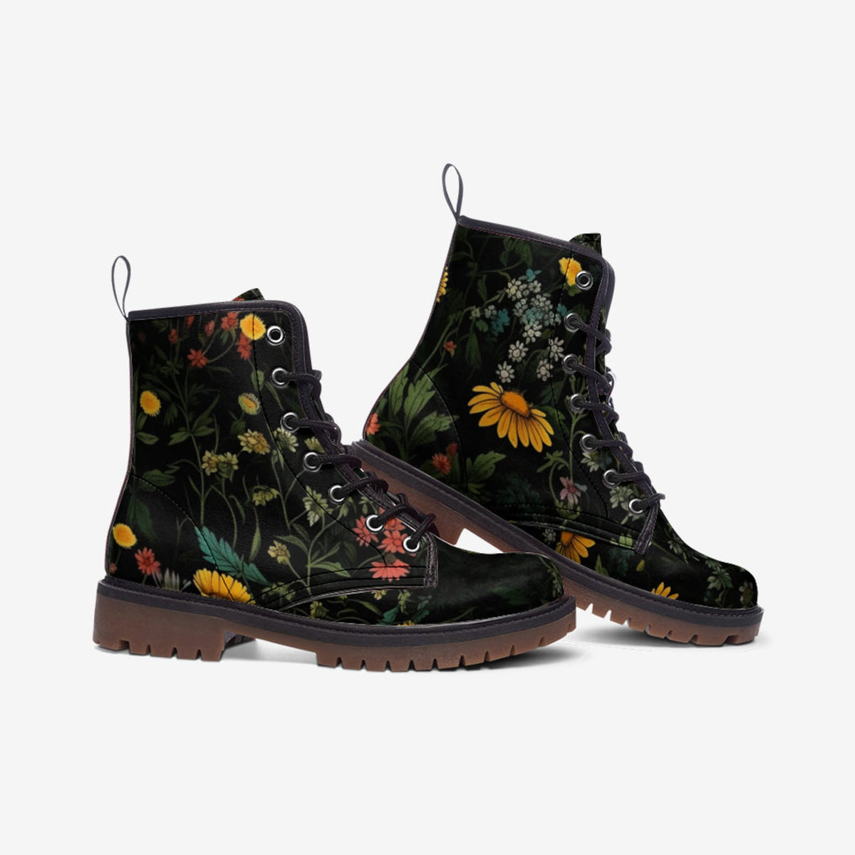 Hippie Art Zone - Dark Floral Daisy Chunky Boots.