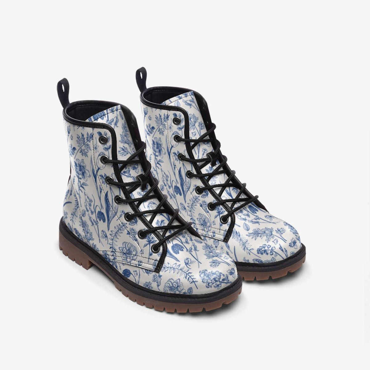 Hippie Art Zone - Blue Wildflowers Print Lace Up Boots.