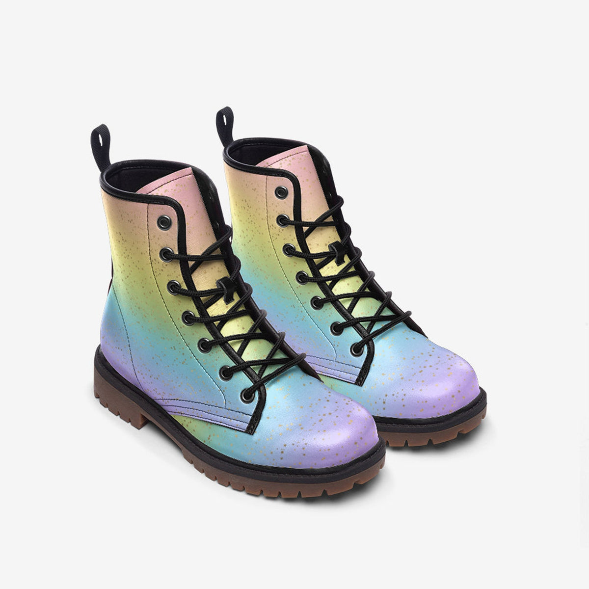 Hippie Art Zone - Pastel Rainbow Stripes Vegan Leather Combat Boots.