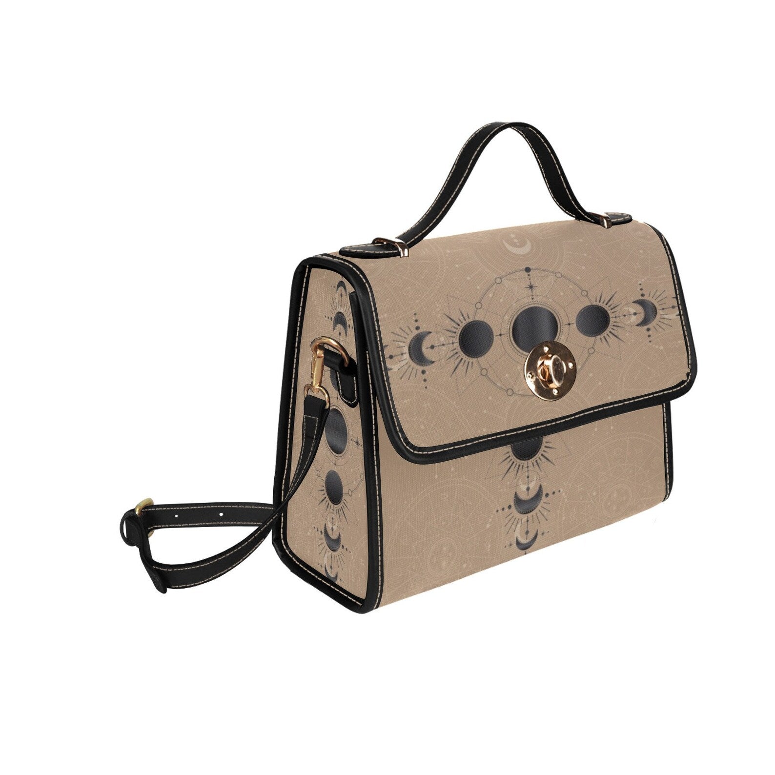 Black Beige Astrology Canvas Satchel Handbag For Boho Hippie