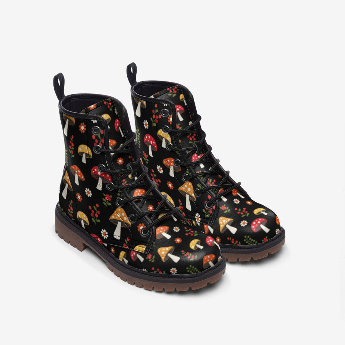 Hippie Art Zone - Woodland Mushrooms Vegan Combat Boots.