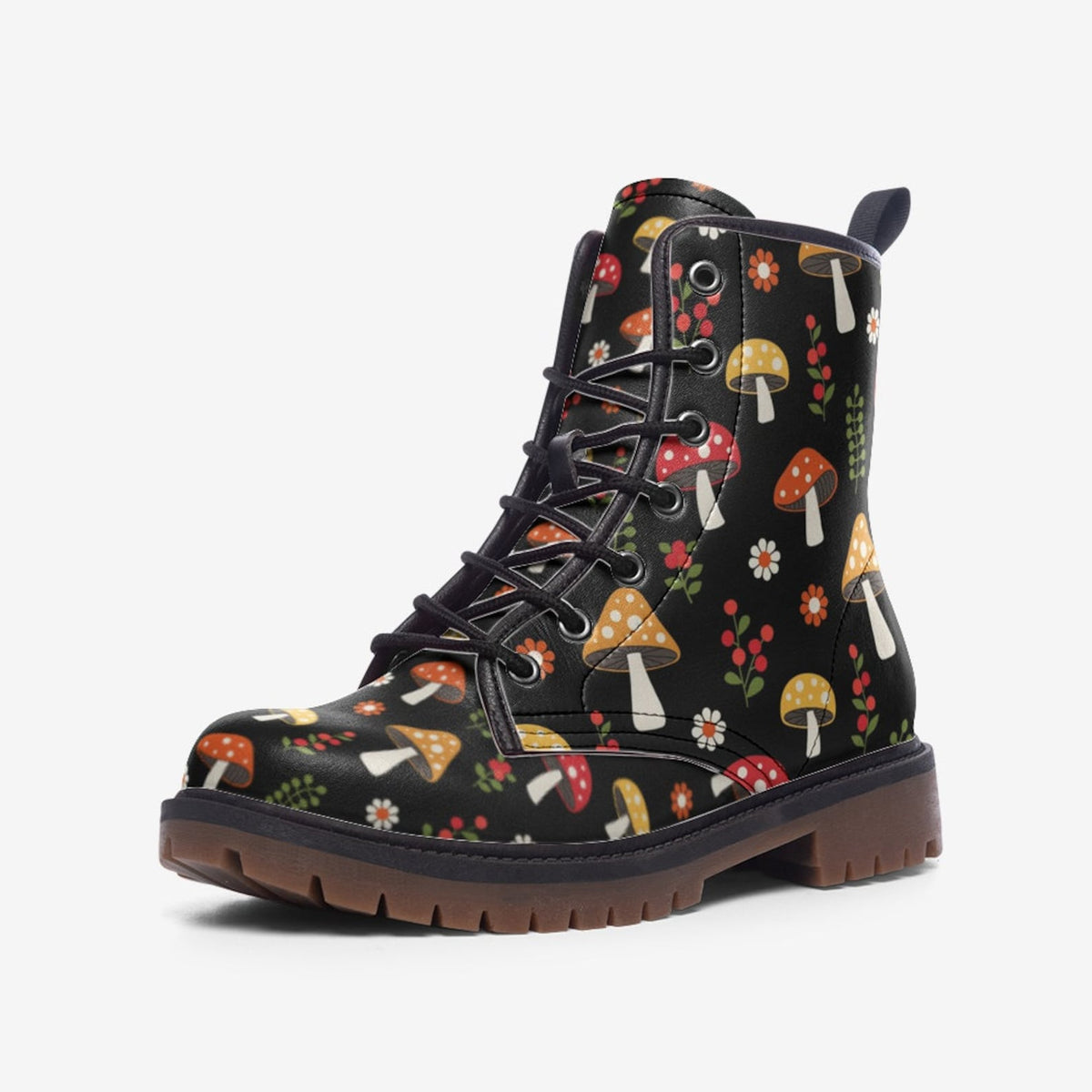 Hippie Art Zone - Woodland Mushrooms Vegan Combat Boots.