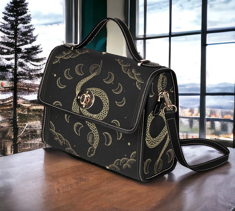 Snake Mystical Moon Phases Witchy Satchel Handbag For Boho Hippie