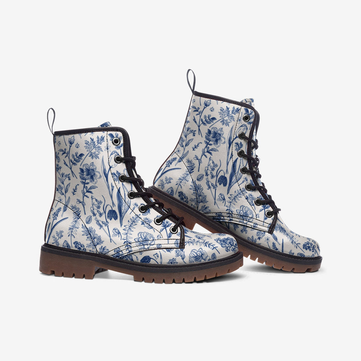 Hippie Art Zone - Blue Wildflowers Print Lace Up Boots.