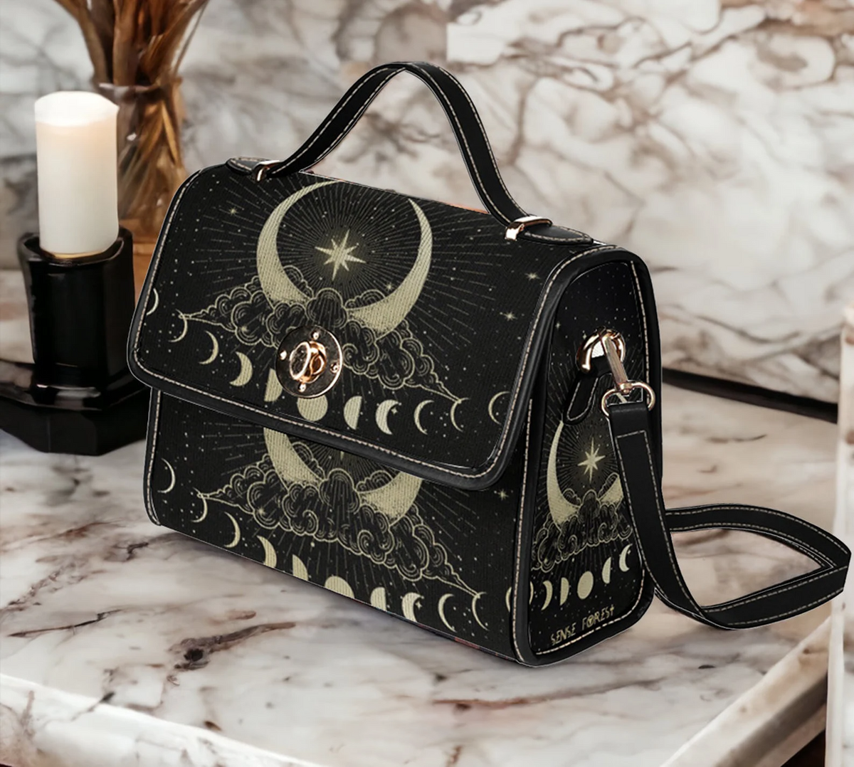 Wicca Lunar Cycle Parallel Universal Witchy Satchel Handbag For Boho Hippie