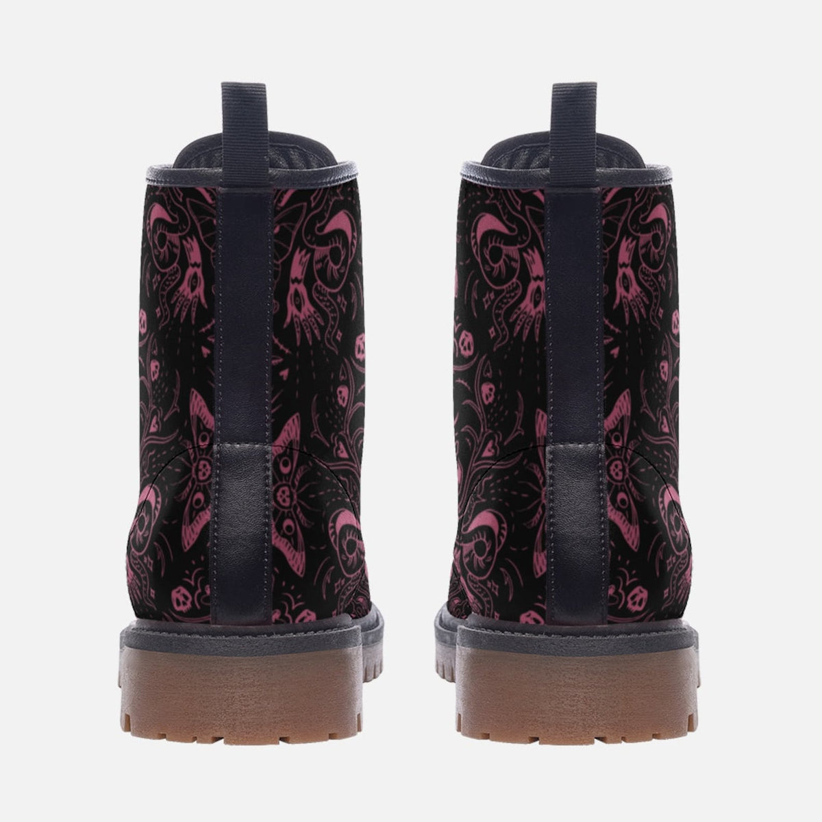 Hippie Art Zone - Pink Gothic Skulls Moths Faux Leather Combat Boots.