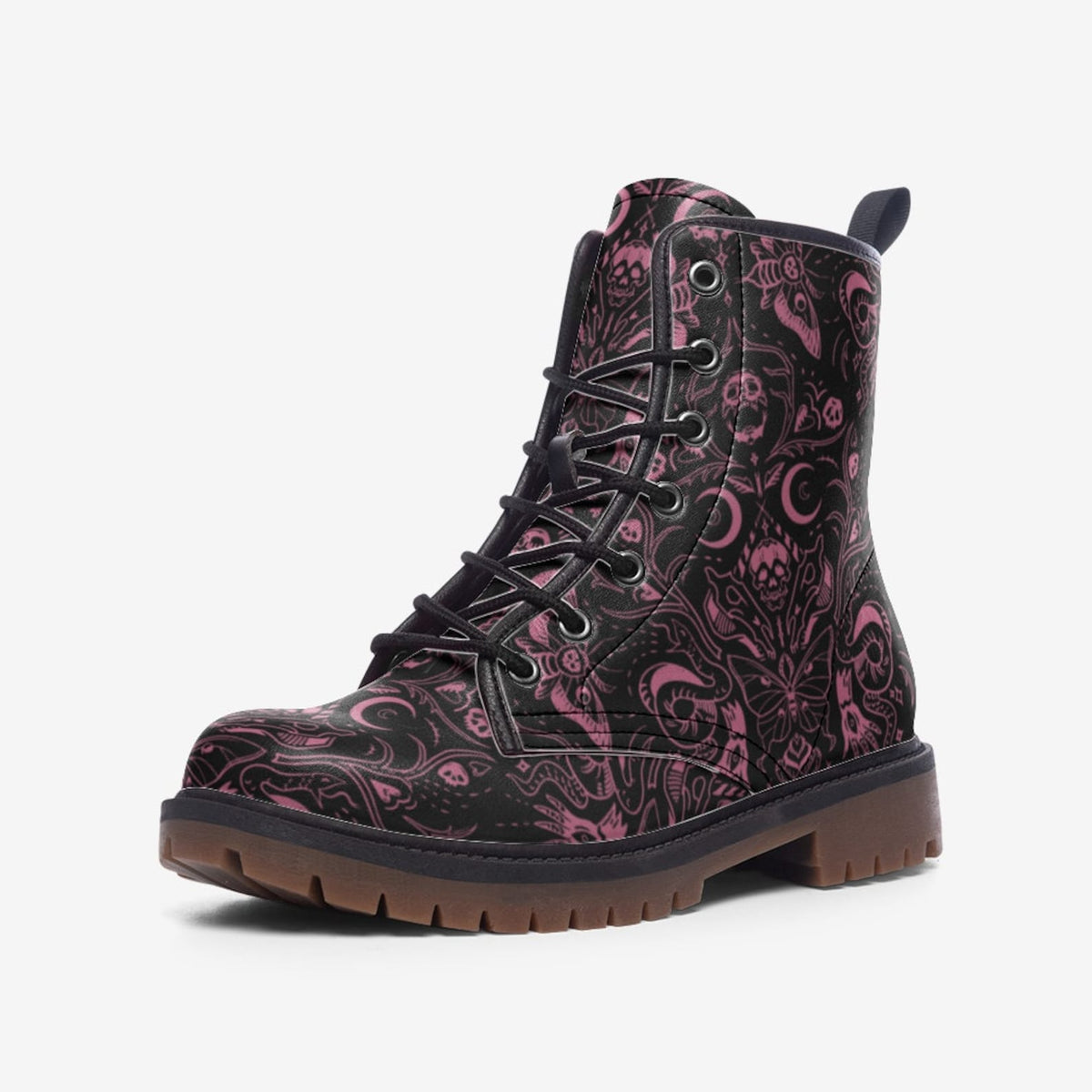 Hippie Art Zone - Pink Gothic Skulls Moths Faux Leather Combat Boots.