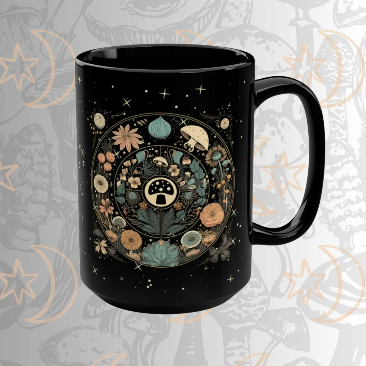 hippieartzone Mug - Boho Botanical Mushroom Floral Moon Coffee Mug.