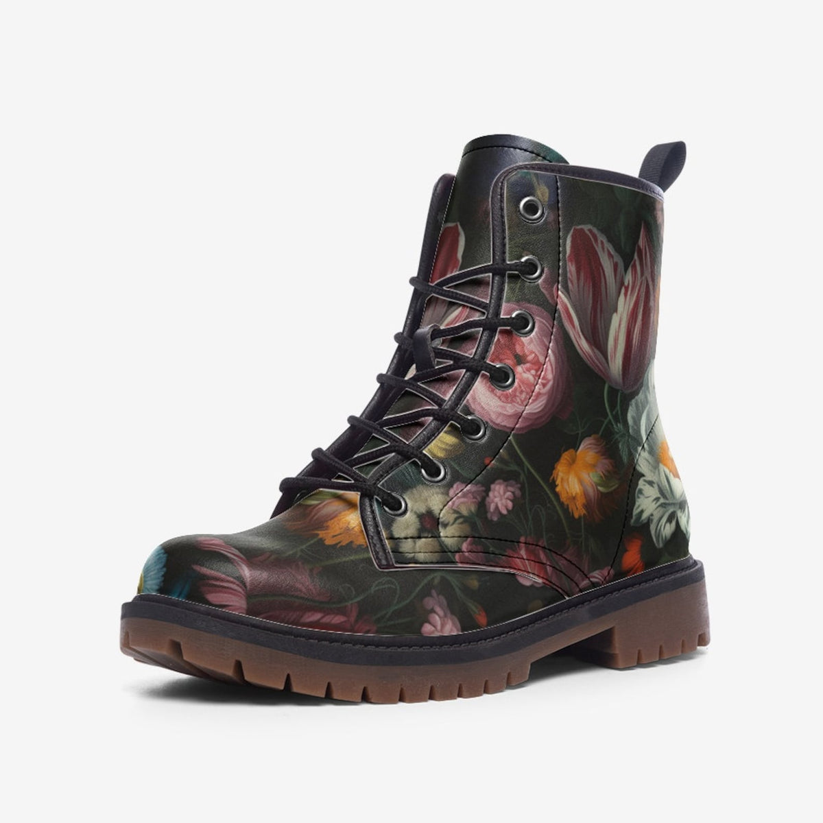 Hippie Art Zone - Dark Floral Vegan Leather Combat Boots.