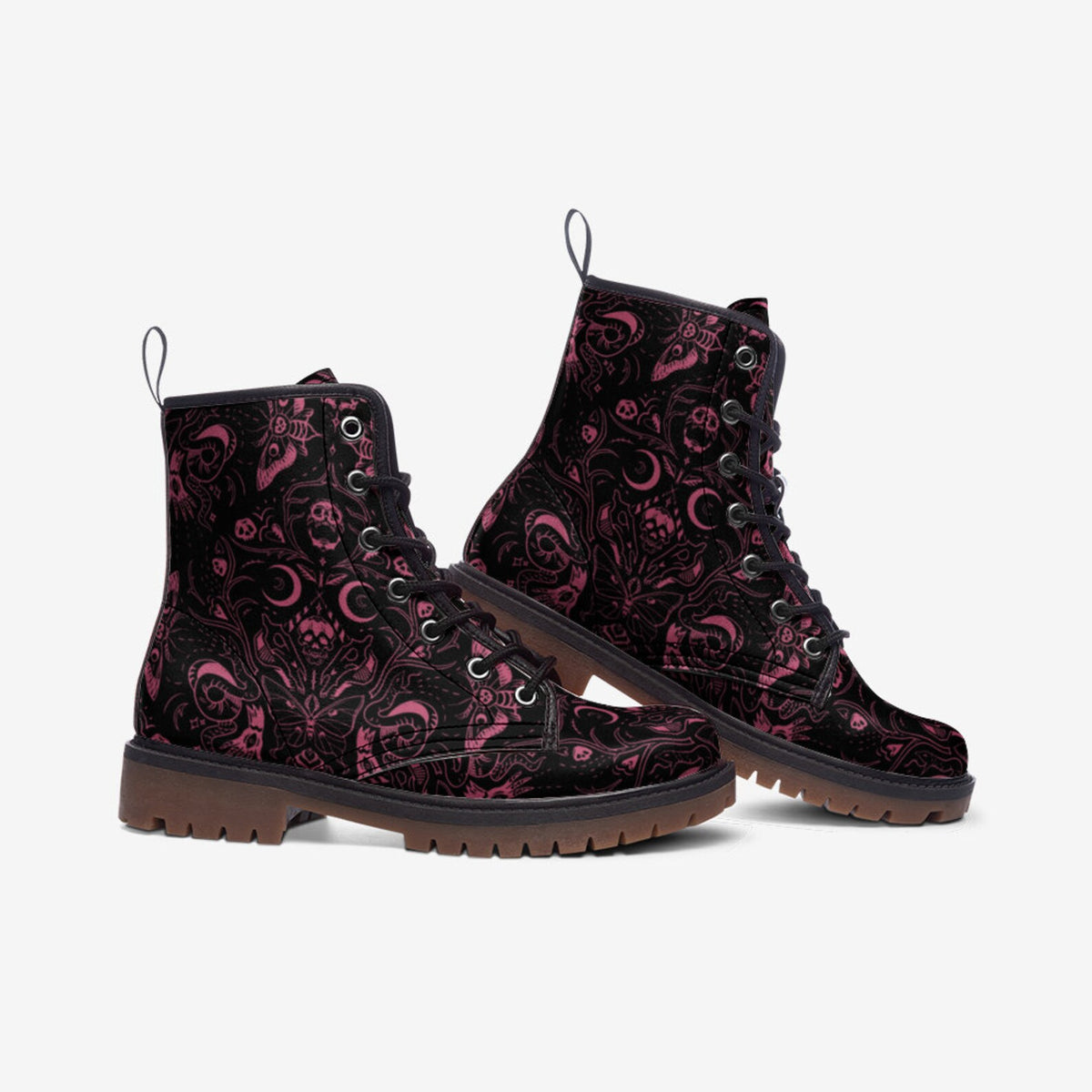 Hippie Art Zone - Pink Gothic Skulls Moths Faux Leather Combat Boots.