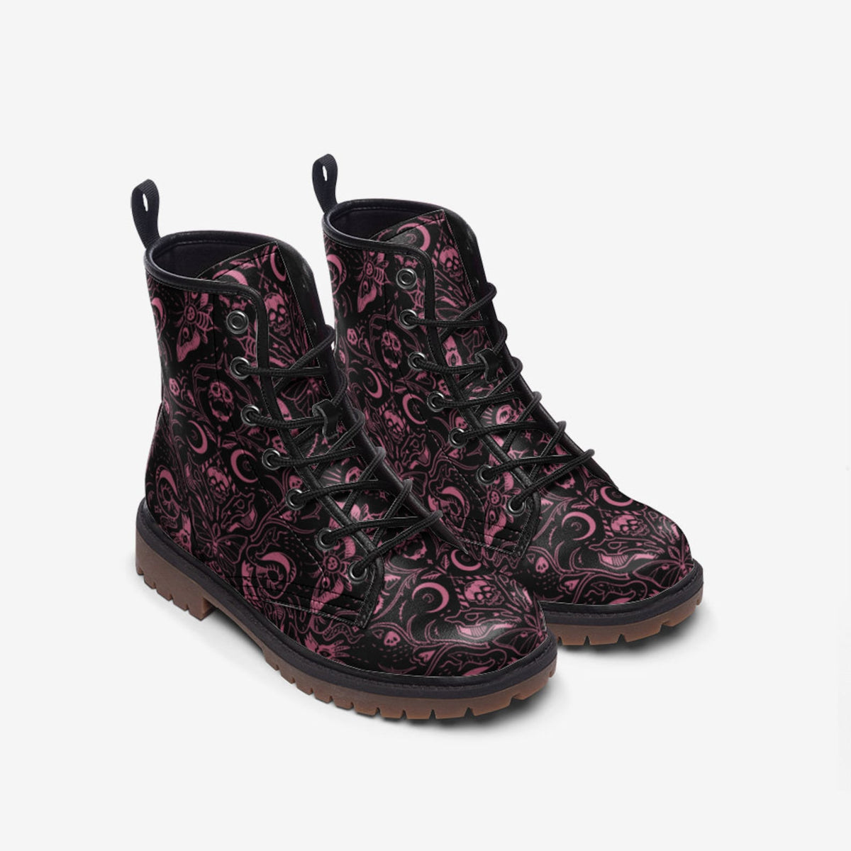 Hippie Art Zone - Pink Gothic Skulls Moths Faux Leather Combat Boots.