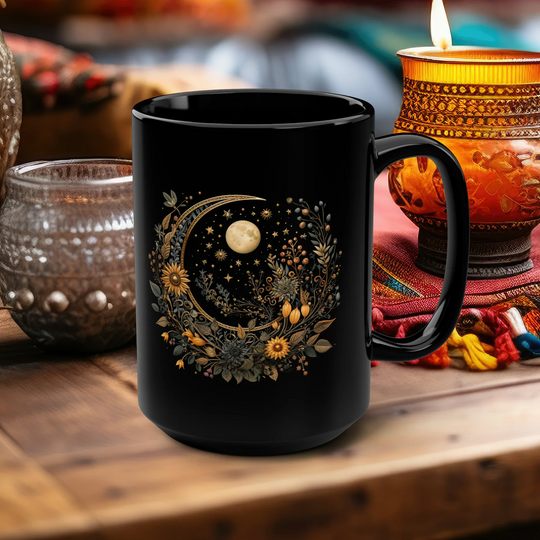hippieartzone Mug - Dark Style Crescent Moon and Wildflower Mandala Coffee Mug.