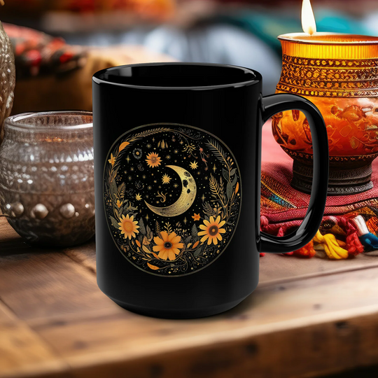 hippieartzone Mug - Gold Style Crescent Moon and Wildflower Coffee Mug.