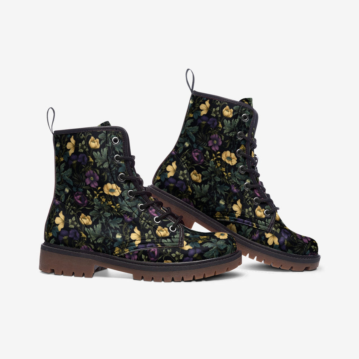 Hippie Art Zone - Dark Floral Vegan Leather Combat Boots.