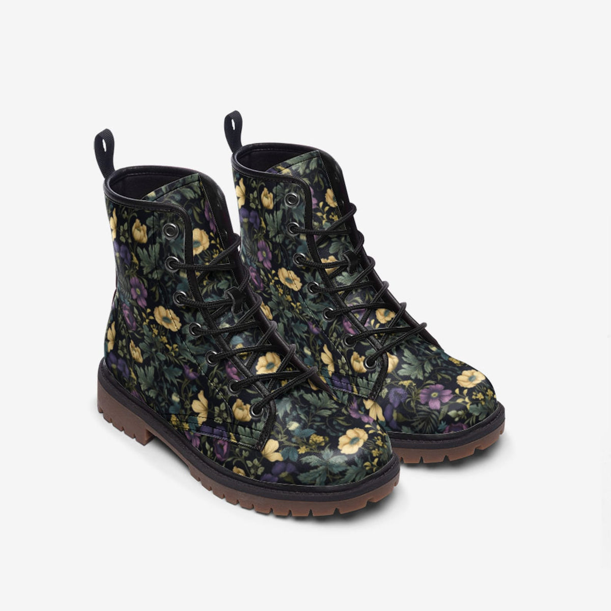 Hippie Art Zone - Dark Floral Vegan Leather Combat Boots.