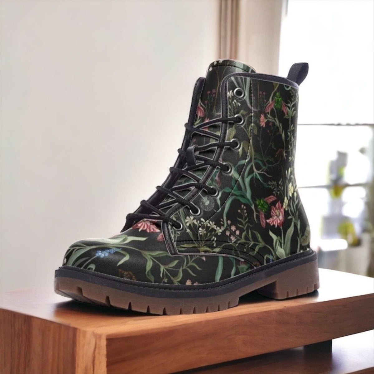 Hippie Art Zone - Dark Floral Vegan Leather Combat Boots.