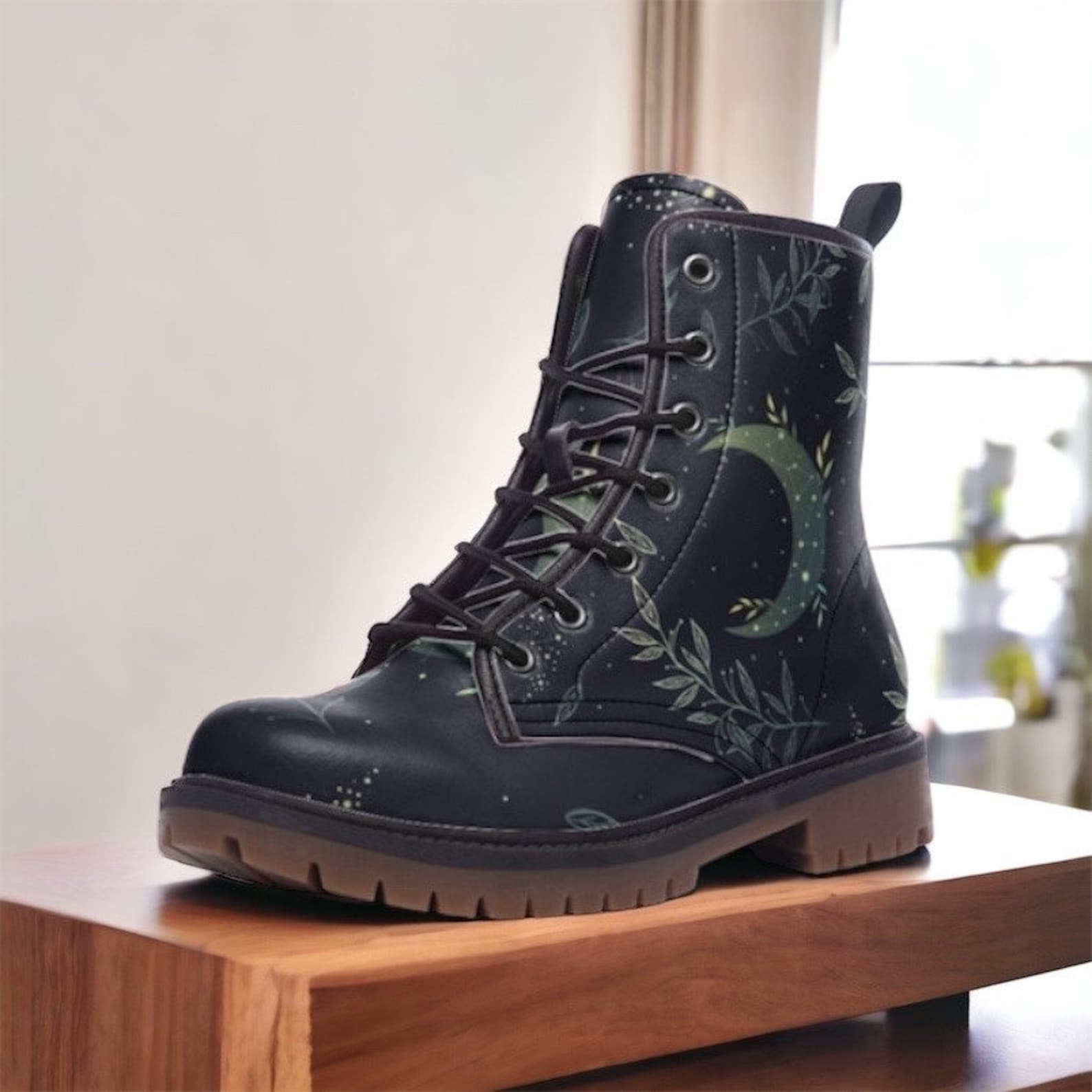 Hippie Art Zone - Forest Witch Moon Vegan Leather Combat Boots