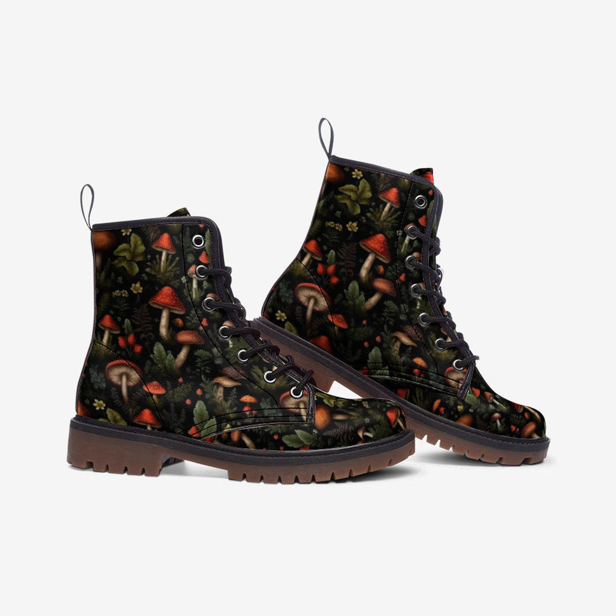 Hippie Art Zone - Dark Forest Mushrooms Vegan Combat Boots.