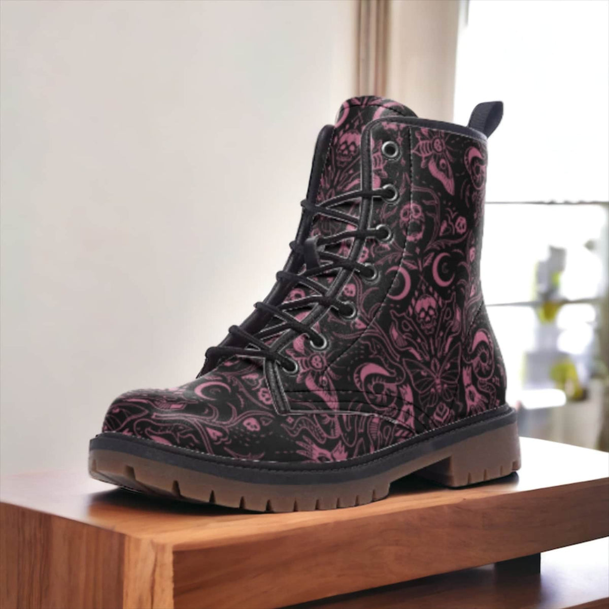 Hippie Art Zone - Pink Gothic Skulls Moths Faux Leather Combat Boots.